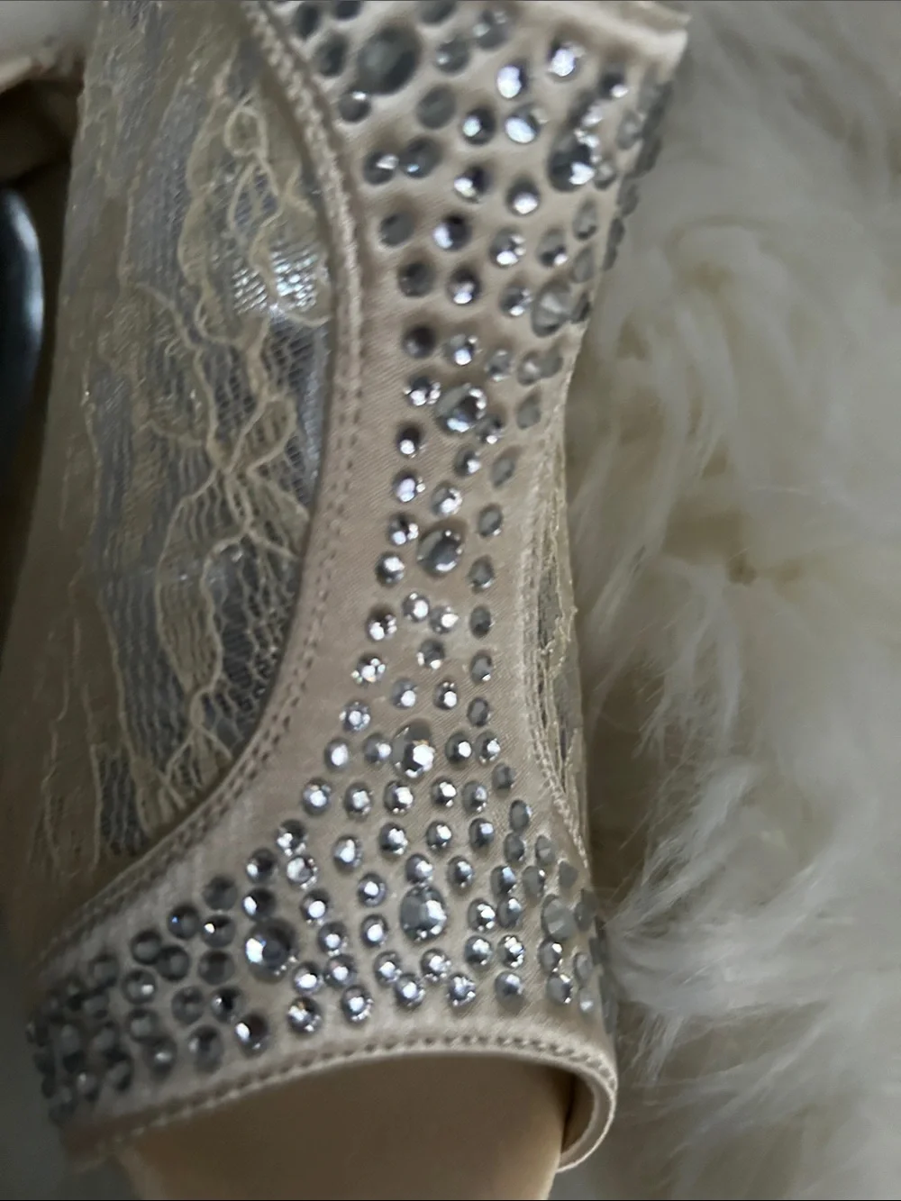 Michaelangelo Champagne Lace Peep-Toe Heels with Rhinestones